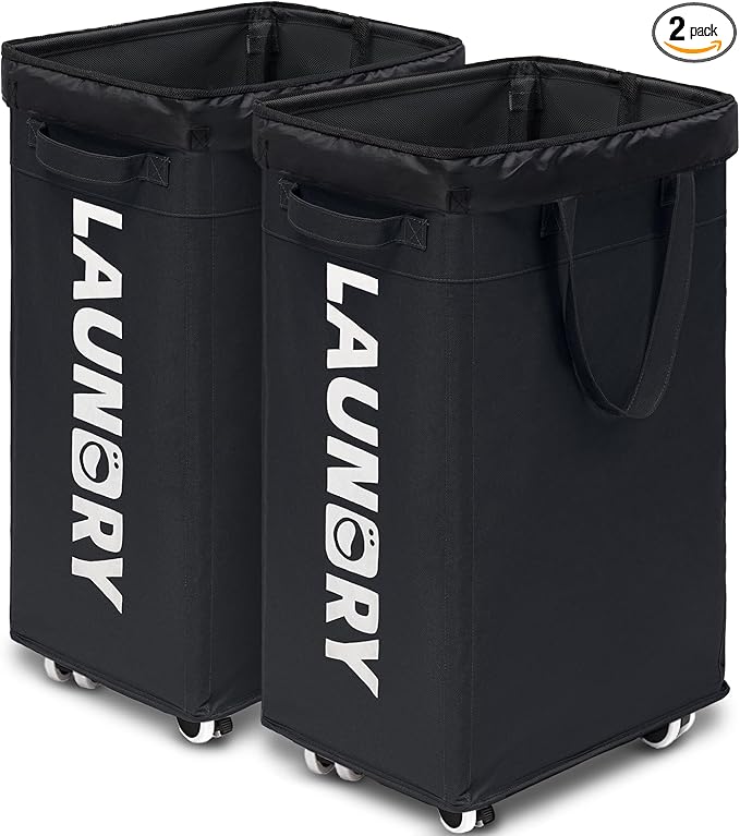 Goodpick Laundry Basket with Wheels, 2-Pack 75L Rolling Laundry Hamper with Removable Wash Bags, Collapsible Laundry Basket for Corner Dorm, Black