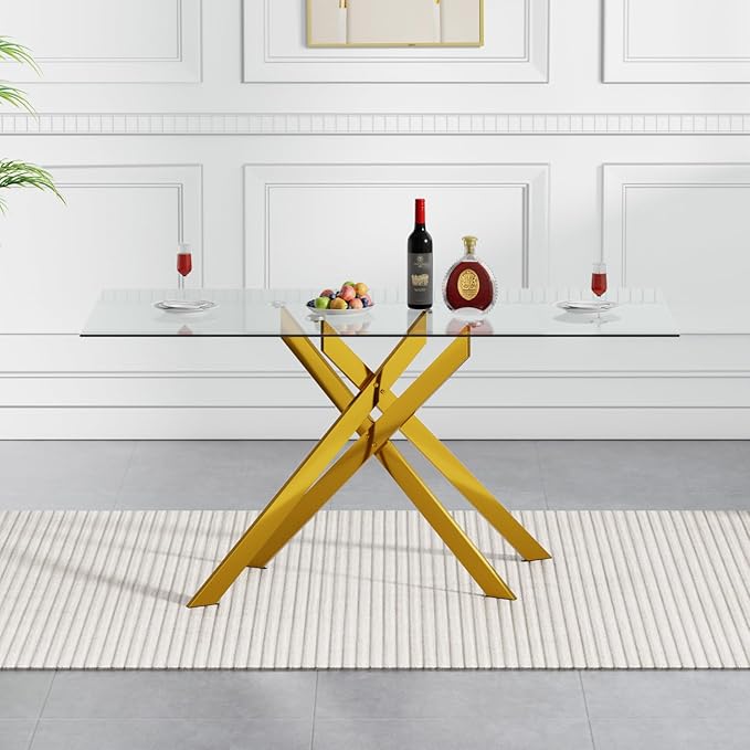 Goujxcy 5 Piece Glass Dining Table Set Modern Glass Dining Table Set for 4, 51" Rectangular Kitchen Table and 4 Velvet Upholstered Chairs for Kitchen Dining Room, Gold Table & Beige Chair