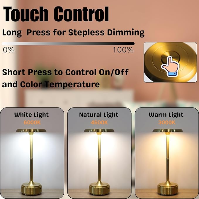 Small Table Lamp With 5200mah Battery - Rechargeable Desk Lamp For Cozy Nights, Usb-C Fast Charging & Stepless Dimming, Cordless Table Lamp With 3 Lighting Modes For Bedroom, Office & Travel(Gold)