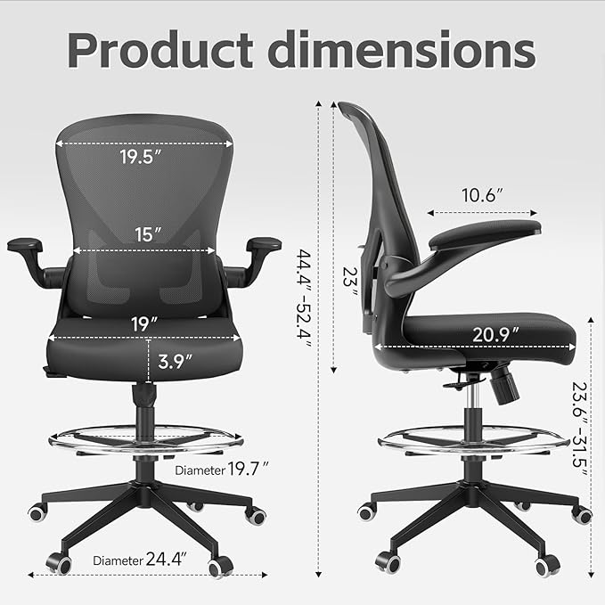 Drafting Chair, Ergonomic Tall Office Chairs for Standing Desk, Home Office Desk Chair with Lumbar Support and Adjustable Flip-up Armrests & footrest