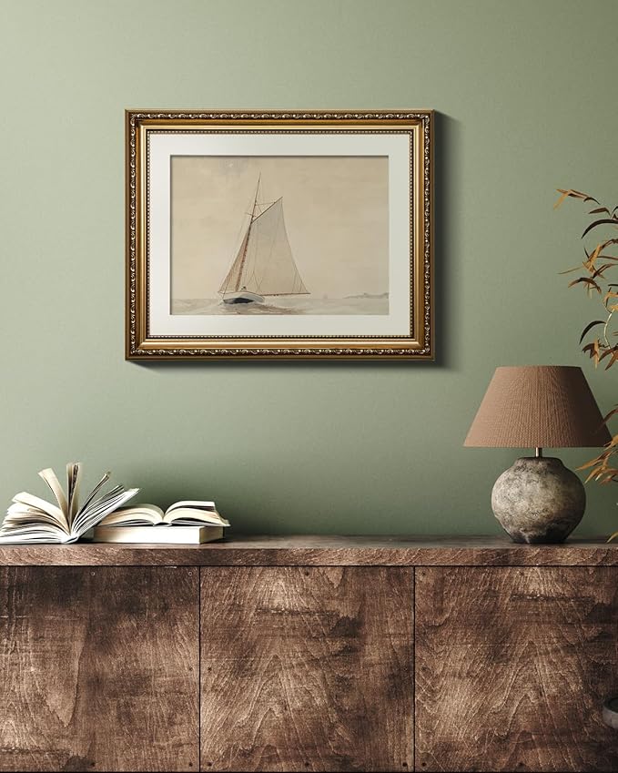 VIYYIEA Gold Framed Wall Art Canvas Print Home Decor for Living Room White Sailboat Seascape Watercolor Vintage Beach Painting on Canvas - Coastal Wall Art Prints for Bedroom Office Bathroom 13x16in