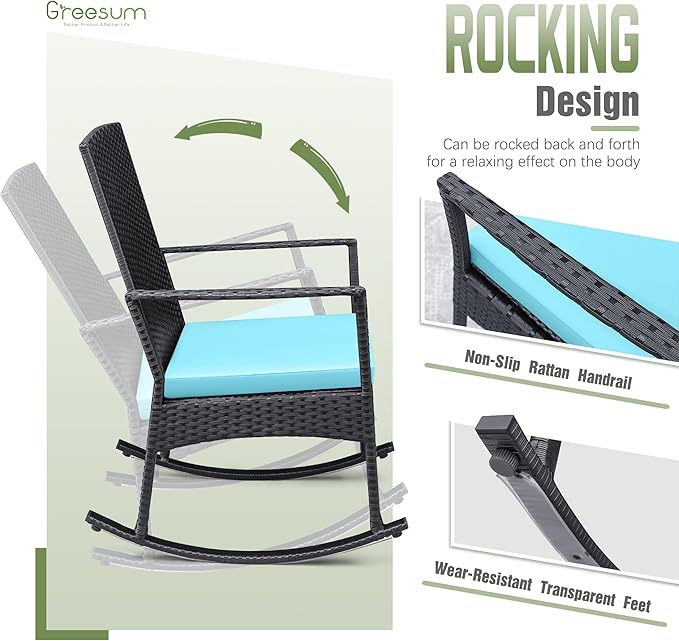 Greesum 3 Pieces Patio Furniture Set Outdoor Wicker Rocking Chairs with Glass Coffee Table for Garden Backyard Porch Poolside, Blue