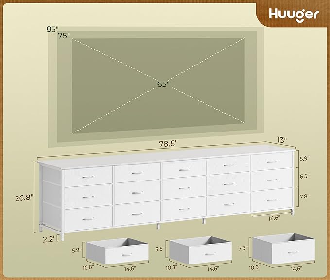 Huuger 78.7 inch Long Dresser for Bedroom, 15 Drawer Fabric Dresser for Closet, Large TV Stand for 65, 75, 85 inch TV, Wide Chest of Drawer with Storage, 78.7" W x 12.9" D x 26.7" H, White