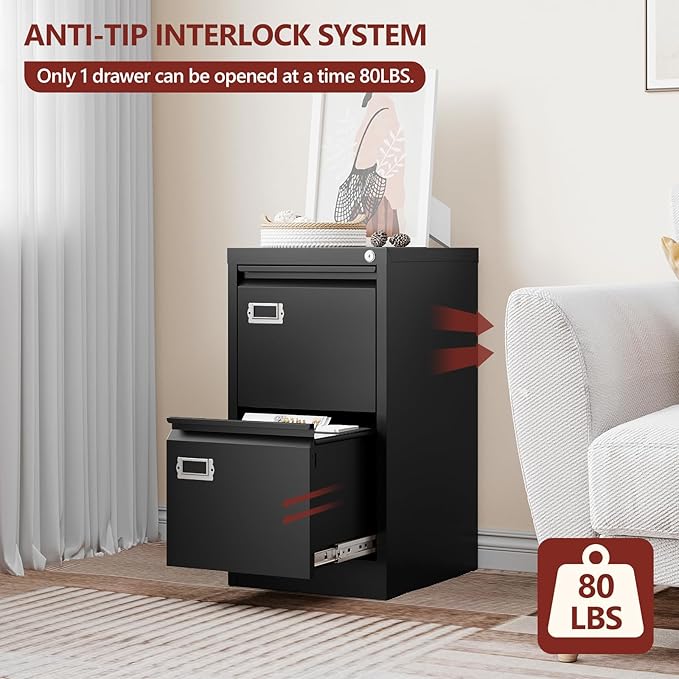 2 Drawer File Cabinet with Lock,Vertical Filing Cabinet for Home Office,Metal File Cabinets with Lock,Storage Files for A4/ Legal/Letter, Require Assembly, (Black)