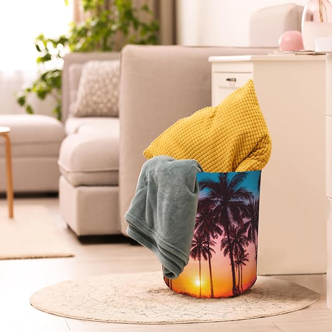 Laundry Hamper, Beach Palm Trees Sunset Landscape Laundry Basket,Waterproof Foldable Storage Bin for Bedroom,Clothes Organizer Basket,Toys Box 16x20 Inch