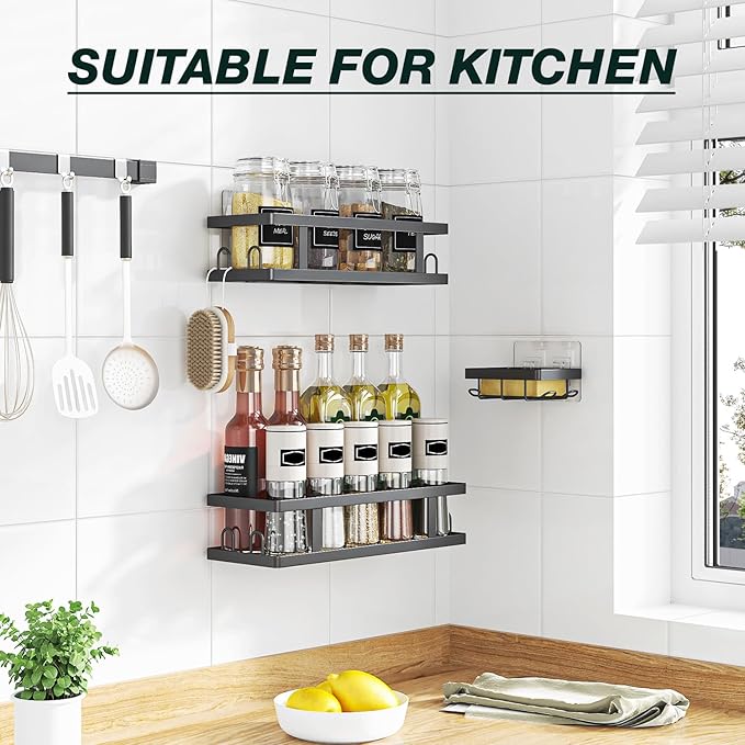 Adhesive Shower Caddy,Shower Shelves with Soap Holder and 12 Hooks,Rustproof No Drilling Bathroom Organizer and Storage,Black,3 Pack