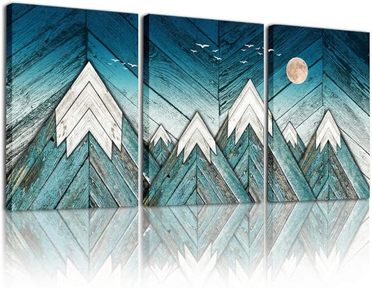 MHARTK66 Wall Art for Living Room Wall decoration for Bedroom office modern family Wall Artworks mountain Pictures blue Abstract Vintage wood grain 3 Piece Home Decor large Canvas Frame Art Prints