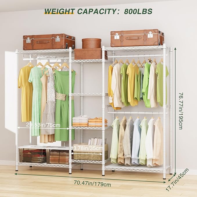 LEHOM G6 Wire Garment Rack Heavy Duty Clothes Rack Compact Large Size Armoire Storage Rack Freestanding Metal Clothing Rack Closet Wardrobe with 3 Hanger Rod and 4 Large Shelves 4 Small Shelves, White