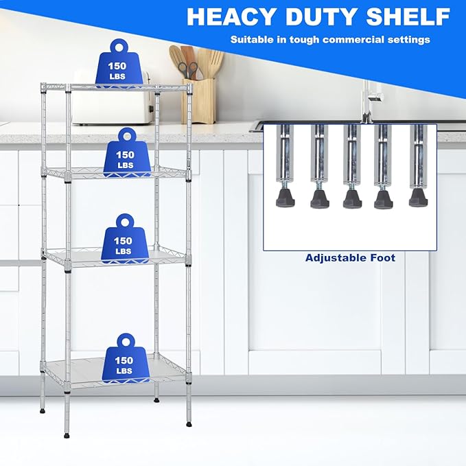 PayLessHere Metal Shelving Storage Shelves Garage Shelving 4-Tier Adjustable Shelf 600 lbs Total Bearing Capacity Multi-Functional Durable Easy Assembly, Chrome