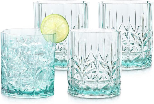 BELLAFORTE Shatterproof Tritan Plastic Short Tumbler, Set of 4, 13oz - Myrtle Beach Unbreakable Crystal Cut Old Fashioned Drinking Glasses for Whiskey - BPA Free - Dishwasher Safe - Teal