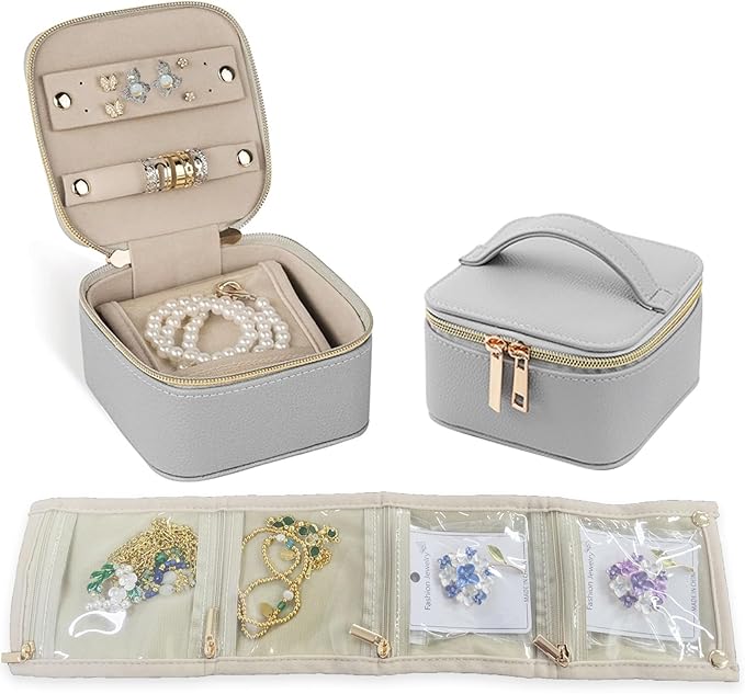 PU Leather Travel Jewelry Organizer Case with 4 Pouches & Handle, Anti-Tangle Storage Box for Necklace, Earrings, Rings, Compact Jewelry Box for Women Gift (Grey)