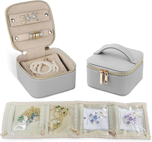 PU Leather Travel Jewelry Organizer Case with 4 Pouches & Handle, Anti-Tangle Storage Box for Necklace, Earrings, Rings, Compact Jewelry Box for Women Gift (Grey)