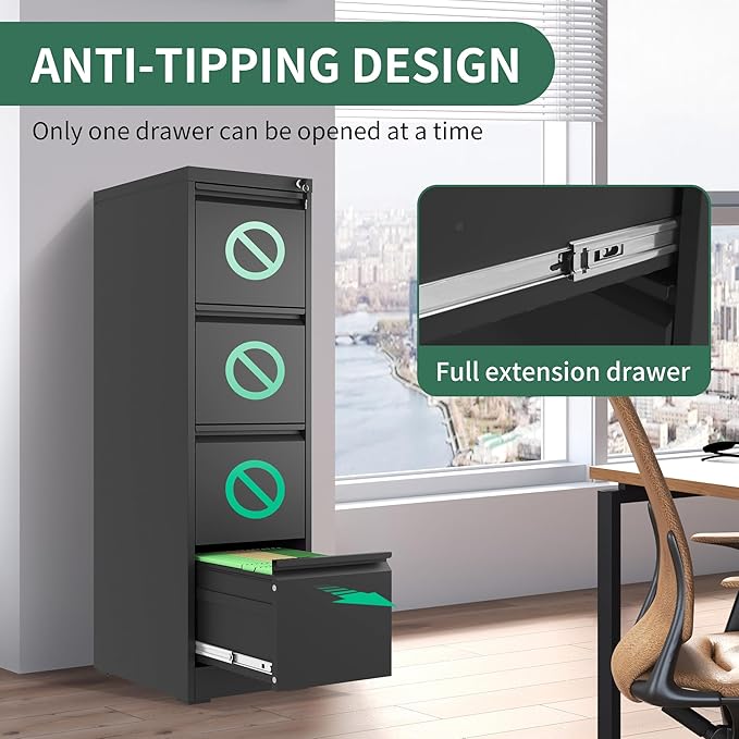 File Cabinet, Vertical File Cabinets with Lock for Home Office,Heavy Duty Office Steel Filing Cabinet for Hanging Letters/Legal/A4, Assembly Required (Black, 4 Drawers)