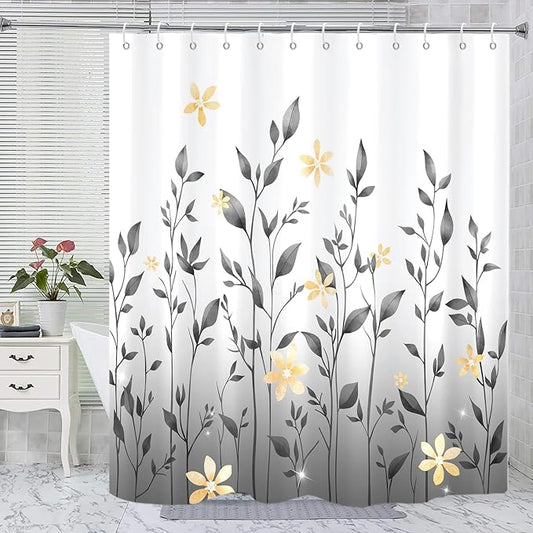 Eucalyptus Shower Curtain, Ombre Floral Leaves Plant Washable Fabric Bath Decor with 12 Hooks 72x72 inches, Grey