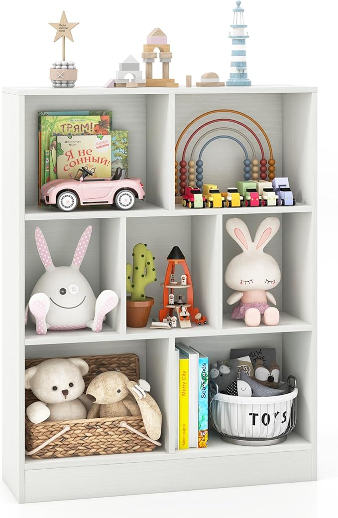 Costzon Wooden Toy Storage Organizer, 7-Cube Kids Bookshelf w/ 2 Anti-Toppling Kits, 3 Tier Open Shelves & Non-Slip Foot Pads, Book Shelf for Kids Rooms, Playroom, Classroom, Nursery (White)