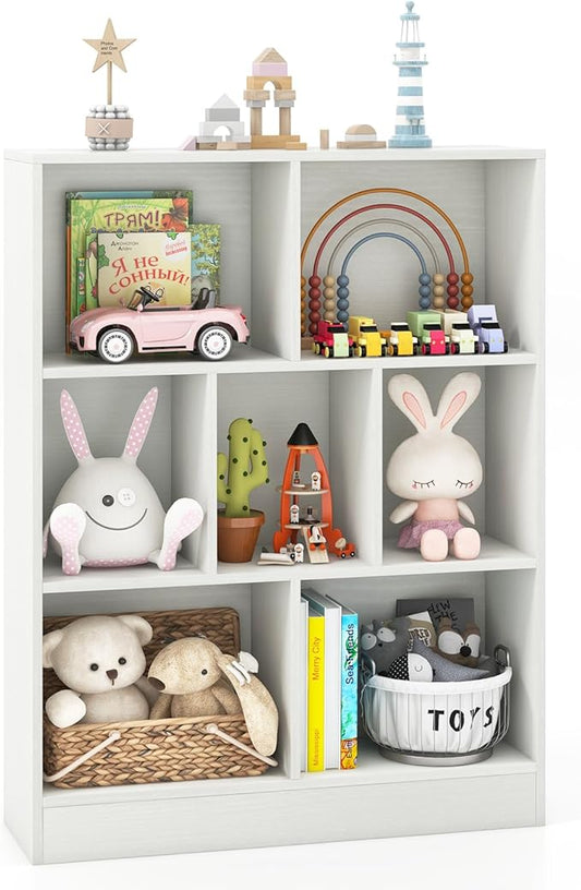 Costzon Wooden Toy Storage Organizer, 7-Cube Kids Bookshelf w/ 2 Anti-Toppling Kits, 3 Tier Open Shelves & Non-Slip Foot Pads, Book Shelf for Kids Rooms, Playroom, Classroom, Nursery (White)