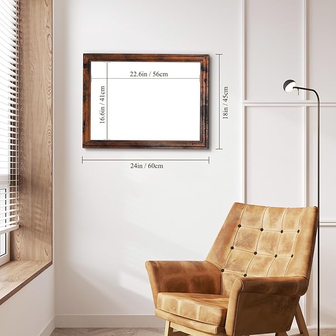 4 THOUGHT Dry Erase Board, 24" x 18" Magnetic Whiteboard Brown Vintage Wood Frame Wall-Mounted White Board Decorative Notice Board School, Office, Home, 6 Magnets 4 Markers 1 Eraser