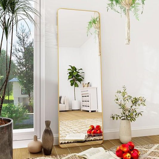BEAUTYPEAK 59"x16" Mirror Full Length, Standing or Leaning Rounded Corner Full Body Floor Mirror with Metal Framed,Suitable for Living Room or Bathroom,Gold