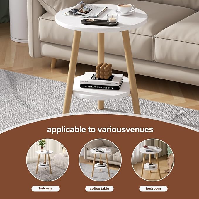 OERGKE Round End Table, Small Side Tables with Lower Shelf, Coffee Table, Bedside Table, Mid Century Modern Nightstand for Living Room, Bedroom, Corners and Office (White)