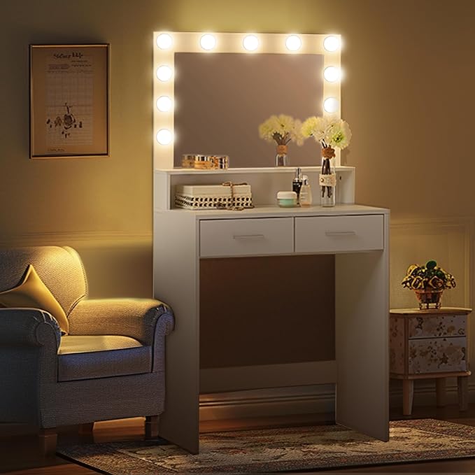 MIRROTOWEL Vanity Desk with Mirror and Lights, Dressing Table with Large Drawer, 2 Level Storage Dresser & 3 Lighting Modes Adjustable Brightness, Suitable for Bedroom