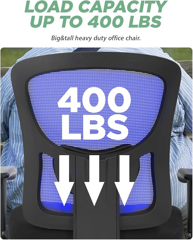 BestOffice Big and Tall Office Chair 400lbs Desk Chair Mesh Computer Chair with Lumbar Support Wide Seat Adjust Arms Rolling Swivel High Back Task Executive Ergonomic Chair for Home Office (Blue)