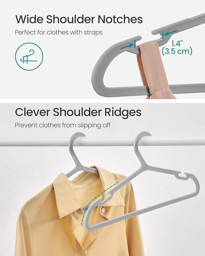 SONGMICS Clothes Hangers, Pack of 50, Plastic Hangers, with Wide Shoulder Notches, Space-Saving Coat Hangers, 16.4 Inches Wide, for Closet, Gray UCRP010G01