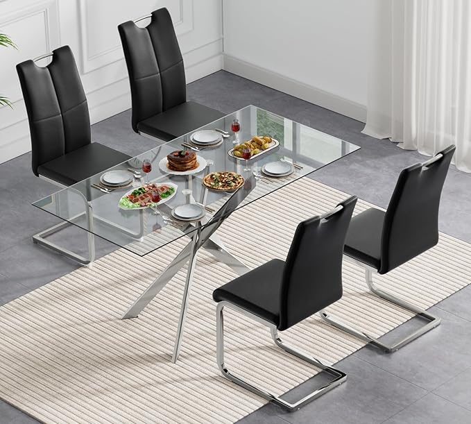 Modern Glass Dining Table Set for 4, Silver Glass Kitchen Table and Chairs Set of 4, 5 Piece Dining Room Table Set with 61" Rectangular Metal Glass Dinner Table and 4 Black Leather Dining Chairs