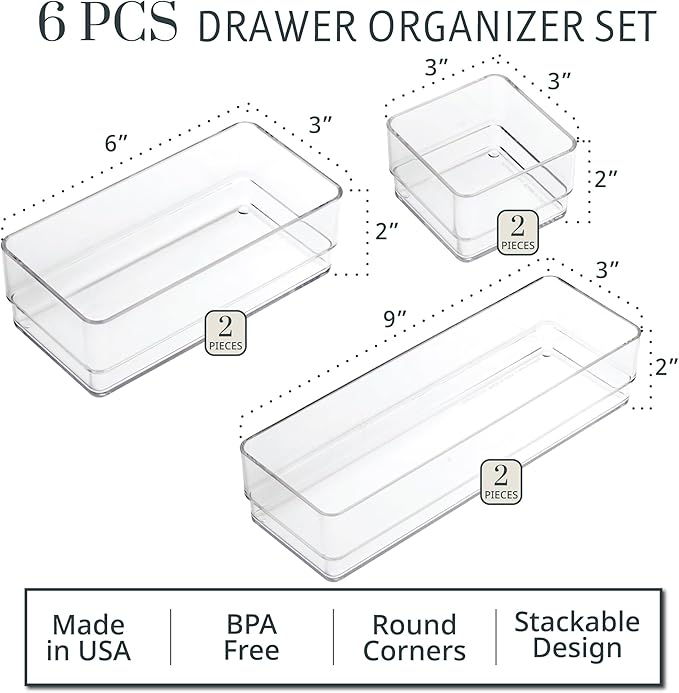 STORi SimpleSort Drawer Organizer Bins 6 pc Set, Multi-size, Bathroom Organizers and Storage, Makeup Organizer, Desk Organizer, Vanity Organizer, Clear Organizing Containers, Made in USA
