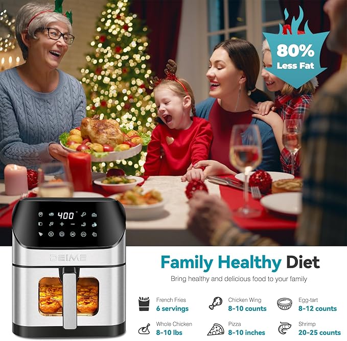 DEIME Air Fryer 6.2 QT Oilless 1500W Large Capacity Oven Air Fryers Healthy Cooker with 10 Preset, Visual Cooking Window, Non-Stick Basket, Included Recipe