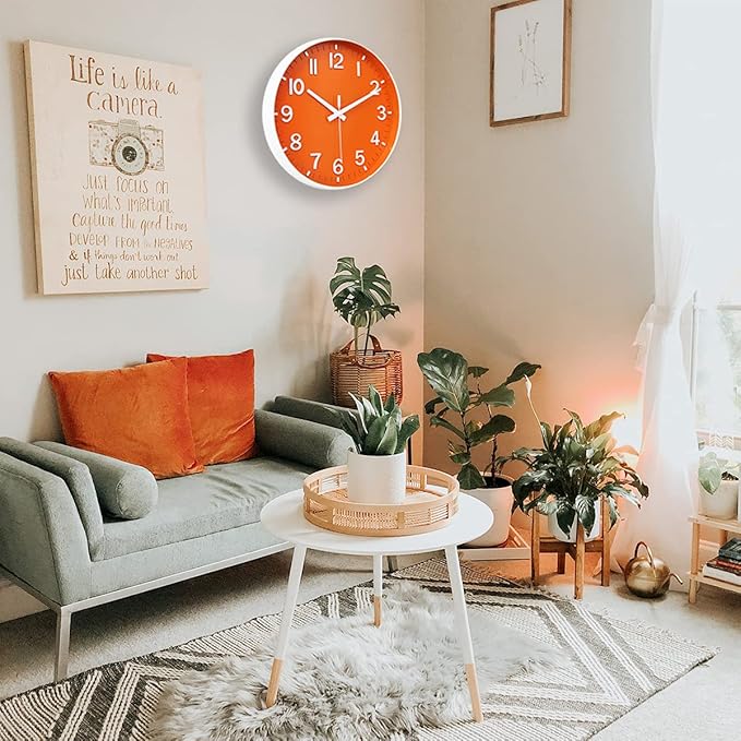 HZDHCLH Wall Clocks Battery Operated,12 inch Silent Non Ticking Modern Wall Clock for Living Room Bedroom Kitchen Office Classroom Decor (Orange & White)