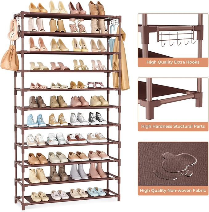 11 Tiers Tall Wide Shoe Rack 55 Pairs Large Capacity Sturdy Durable Shoe Rack for Closet Metal Shoe Organizer Shelf with Two Hooks Space Saving for Entryway Brown