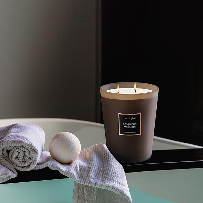 HomeLights Scented Candles | Large Jar Candle - 33.3 Oz. Natural Soy Aromatherapy Candles | Up to 70 Hours Burn Time with 3 Cotton Wicks, Home Decorative Fragrance Candles - Rosewood Macaron