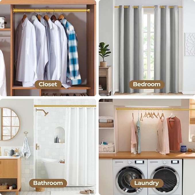 Mavivegue Closet Rod, 17 to 84 Inch Gold Adjustable Closet Rods for Hanging Clothes, Hanging Rod for Closet Wardrobes Laundry RV, Bathroom