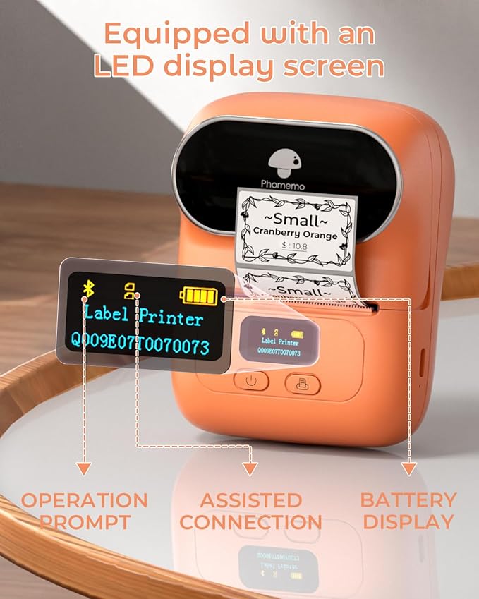 Phomemo Barcode Printer - M110 Label Maker Machine Wireless Bluetooth Themal Label Printer for Small Business, School, Barcode, Address, Jewelry, Clothing, Organizing, Orange