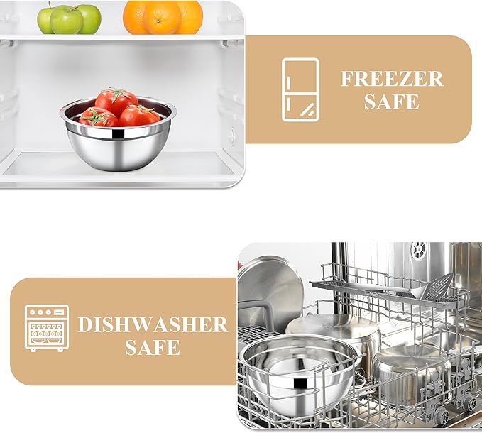 Mixing Bowls with Lids Set - 7 Piece Khaki Nesting Stainless Steel Mixing Bowls for Kitchen, Sizes 4.5, 4, 3.5, 2.1, 1.5, 1.1, 0.7 Qt for Baking, Cooking and Serving, Dishwasher Safe