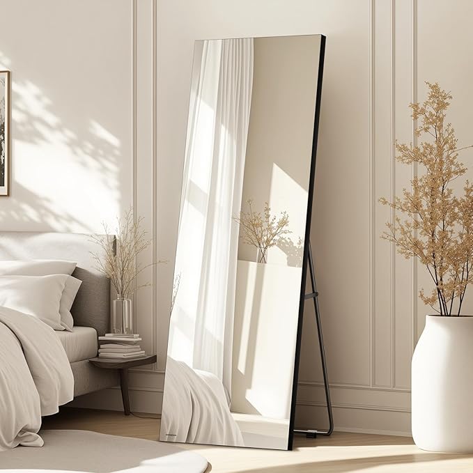 64x20 Frameless Full Length Silver Coating Mirror w/Distortion Free, HD Reflection &Anti Desilvering, Tempered Glass & Shatter Proof Film Doubling Safety, Easy Setup w/Stand, Wall/Standing