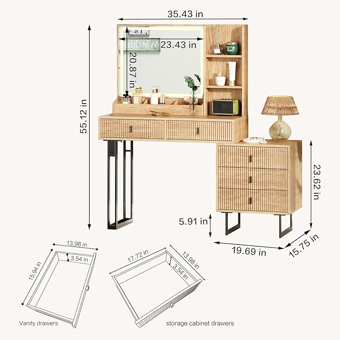Large Vanity Desk with 3 Color Touch Screen Dimming Mirror, Vanity Desk with Charging Station, Modern Retractable Makeup Dressing Table, Makeup Table With storage shelves and 5 Sliding Drawers, Oak