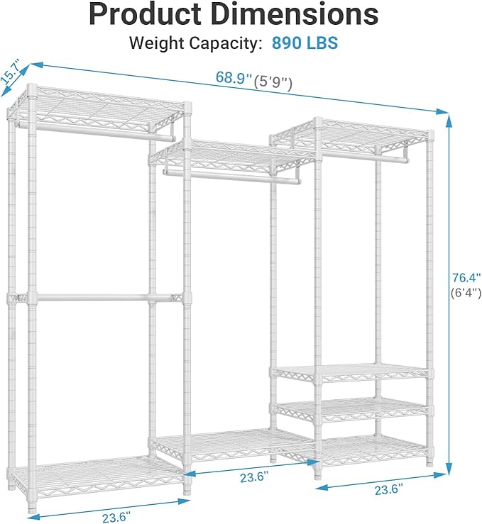 VIPEK V5 Portable Closet Wardrobe Heavy Duty Clothes Rack, Freestanding Clothing Racks with 4 Hang Rods & 8 Shelves, Adjustable Custom Closet Racks, 68.9" L x 15.7" W x 76.4" H, Max Load 800LBS, White