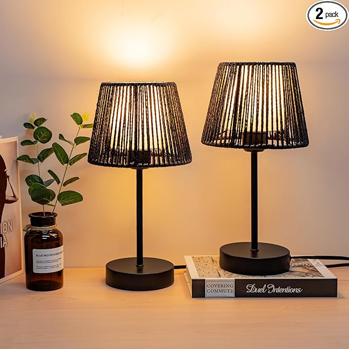Touch Boho Lamp Dimmable, 3-Way Bedside Table Lamp 14.2", Rope Light for Bedroom Nightstand Farmhouse, Bulb Included, 2 Packs (Black)