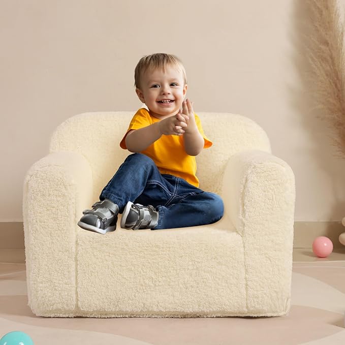 Kids Snuggly-Soft Sherpa Chair, Cuddly Toddler Foam Chair for Boys and Girls, Cream