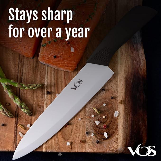 Vos Ceramic Chef Knife 8 Inch with Protection Cover – Large Ceramic Kitchen Knife for Slicing, Dicing, and Fruits – Lightweight Zirconia Blade – Luxury Gift Packaging – Ultra Sharp Chefs Knife (Black)