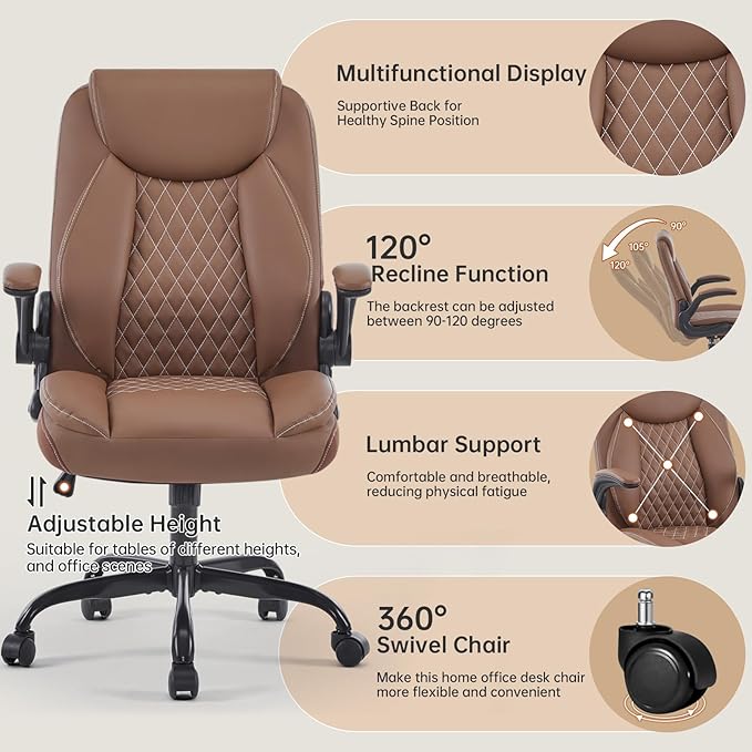 YFO Leather Office Ergonomic Home Office Desk Chair, Back Support Swivel Executive Office Chair with Wheels and Flip-Up Armrests, Small Gaming Chair with Adjustable Rocking Function, Brown