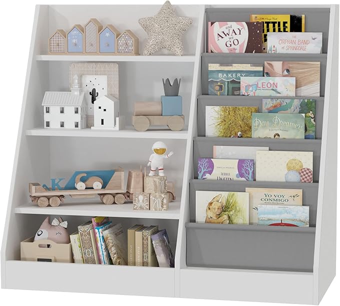 4 Tier Kids Wooden Bookshelf, 5 Layer Sling Toddler Bookcase,Baby Storage Book Rack,Book and Toy Organizer Cabinet,Children Book Display,Playroom Nursery Classroom Kid Room