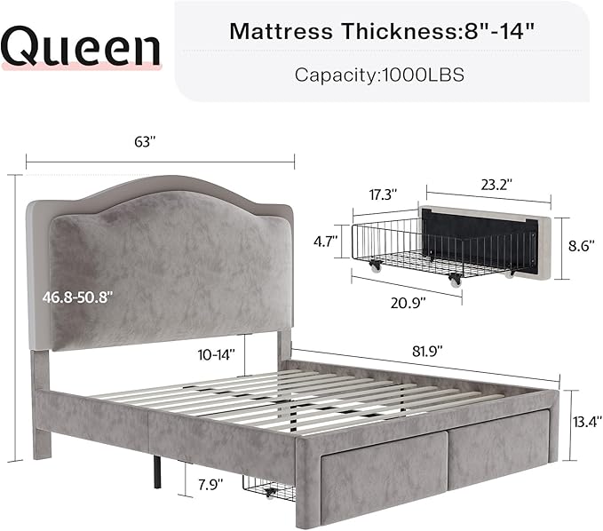 Jocisland Queen Bed Frame with Storage Drawers, 51" Adjustable Velvet Headboard, RGB LED Lights, Upholstered Platform Bed, Modern Bed for Teens, Guest Room, No Box Spring Needed, Grey