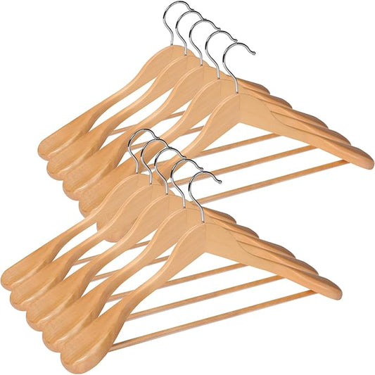Solid Wood Suit Hangers, 10 Pack, Coat Hangers with Non Slip Trouser Bar, 360° Swivel Hook, Heavy Duty Wide Hangers for Suit, Coat, Jacket, Trousers, Pants,17.3" W x 9" H, Dark Walnut AWY0410N