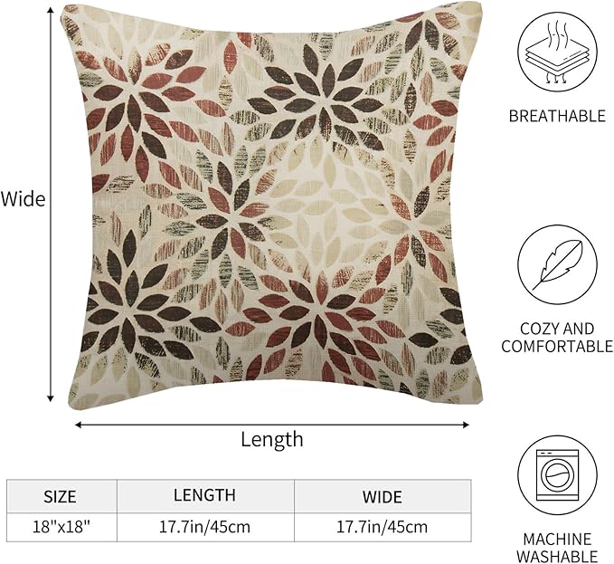 Burgundy Red Brown Pillow Covers 18x18 Inch Set of 2 Summer Rust Geometric Flower Outdoor Decorative Throw Pillows Farmhouse Dahlia Pillow Case Linen Square Cushion Cover for Home Sofa Bedroom