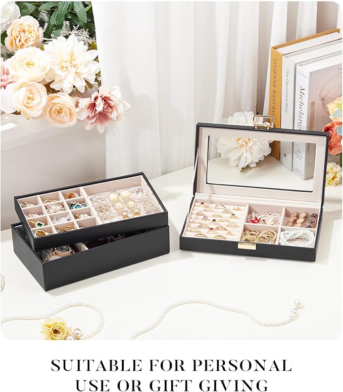Homde Jewelry Tray Stackable Jewelry Box with Glass Lid, Removable Dividers for Vanity Table Gift Idea for Girls and Women (Black)