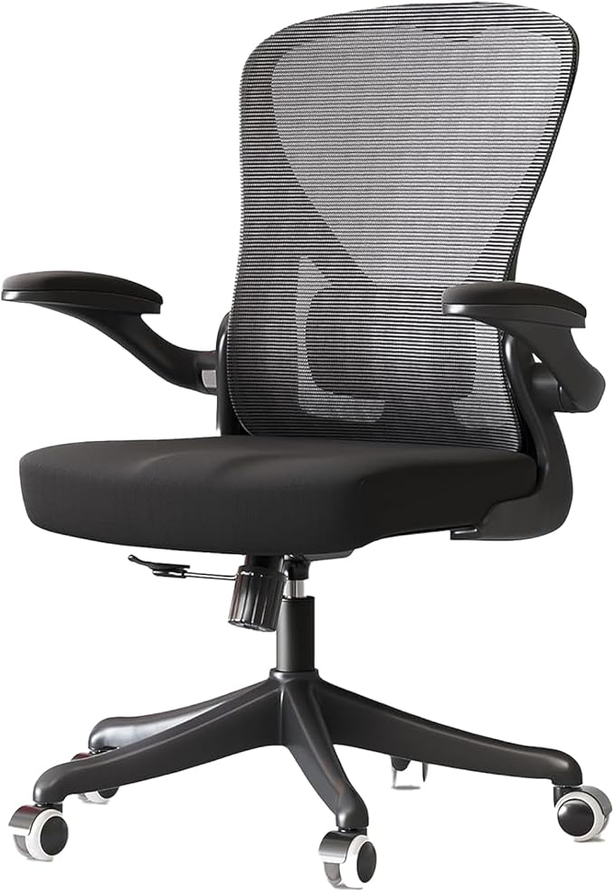 Ergonomic Office Chair with Adjustable Flip-Up Armrests & Lumbar Support - Thickened Cushion Desk Chair with Wheels, Home Office Computer Chair (Black)