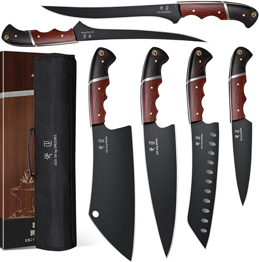 Kitchen Knife Set with Bag - 6 PCS Chef Knife Set - Cleaver, Boning, Fillet, Santoku, Kitchent Utility Knife, Chef Knife with Full Tang Wooden Handle, Butcher Knife Set for Men, Ideal Gift