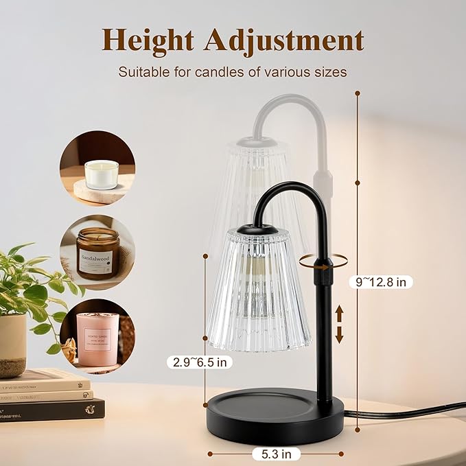 Briever Electric Candle Warmer Lamp with Timer Dimmer, Adjustable Height Wax Melter Warmer for Jar Candles, House Warming Gifts for New Home Decor, Birthday Gifts for Women, Black Wooden Base